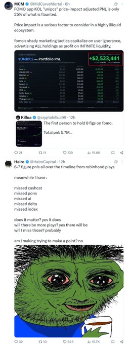A social media thread includes criticism of 'FOMO app KOL' for price-impact adjusted PnL being 25% of what is flaunted, a tweet about the first person holding 8 fomos, and a meme by @HeiroCapital criticizing the FOMO app, shown with a Pepe-style drawing.