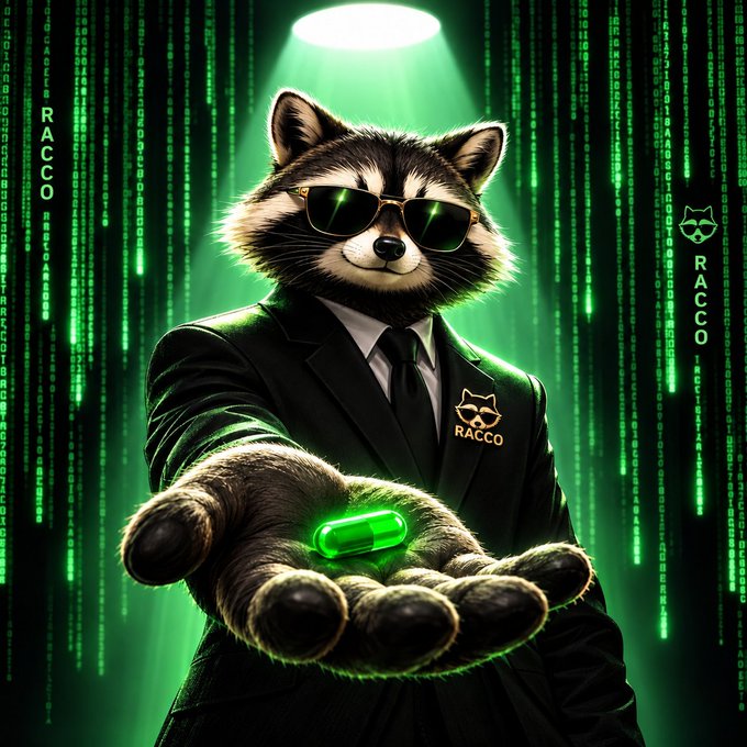 A digital artwork features a raccoon in a black suit and sunglasses holding out a glowing green pill, with 'RACCO' text appearing on the sides against a green Matrix-style code background.