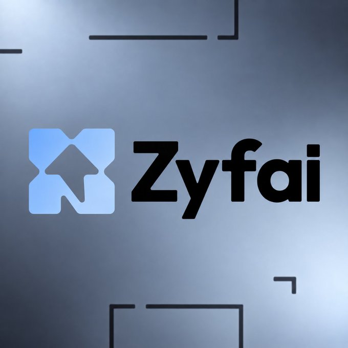 The image displays the "Zyfai" logo—a stylized blue "X" icon next to the brand name in bold black text—set against a sleek gray background with minimal design elements. The logo corresponds to the company mentioned in the post, which has announced support for tokenized stocks on the Base network.