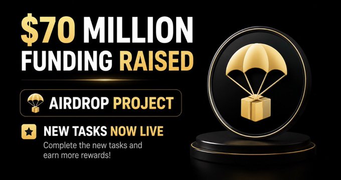 A promotional graphic announcing "$70 Million Funding Raised" for an "Airdrop Project" with "New Tasks Now Live," featuring a gold parachute and box icon, corresponding to the Startale Airdrop guide offering up to 110 points for completing tasks like buying $5 USDSC and swapping $10 ETH to USDSC.