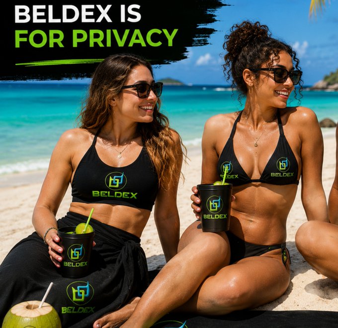 A promotional image for "BELDEX IS FOR PRIVACY" featuring two women in branded bikinis holding Beldex cups on a tropical beach with turquoise water.