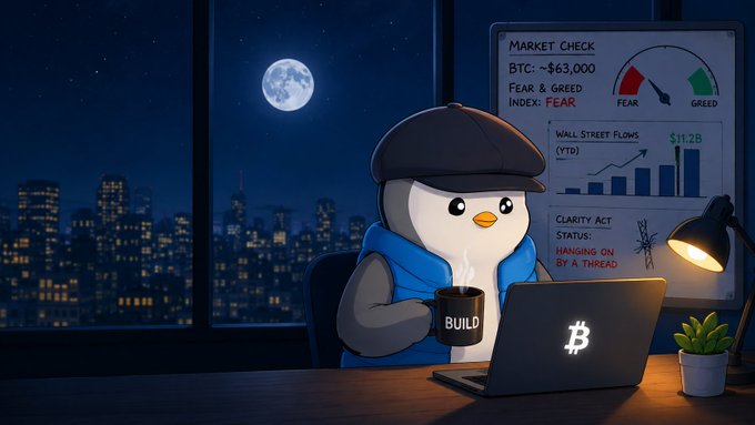 A cartoon penguin wearing a flat cap and scarf sits at a desk with a Bitcoin laptop and a 'BUILD' mug, monitoring market data including BTC at +$63,000, Fear & Greed Index showing fear, and the Clarity Act status hanging by a thread.