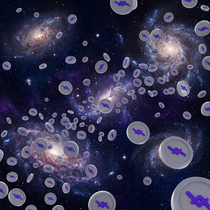 A digital artwork depicting a cosmic scene with galaxies and stars overlaid with numerous circular icons containing a purple symbol (the Pi Network logo).