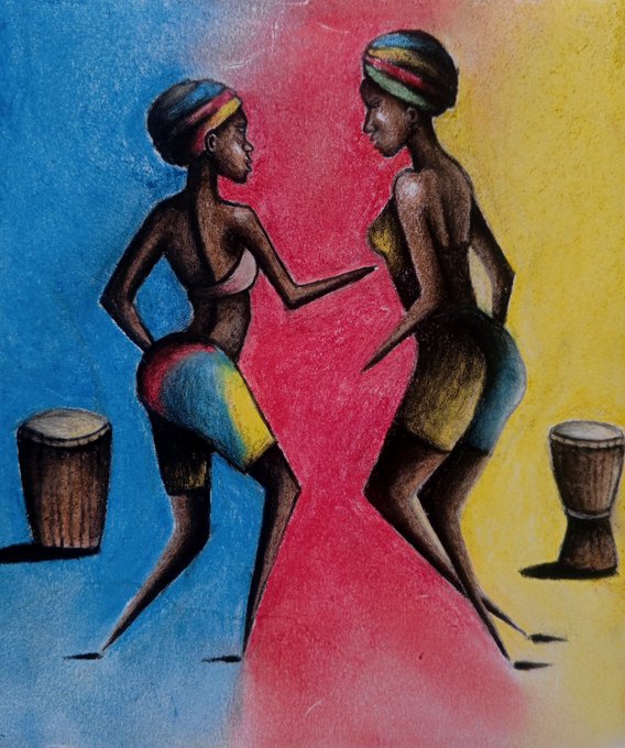 Colorful painting depicting two African women in traditional dress dancing between two djembe drums against a vibrant red, blue, and yellow background.
