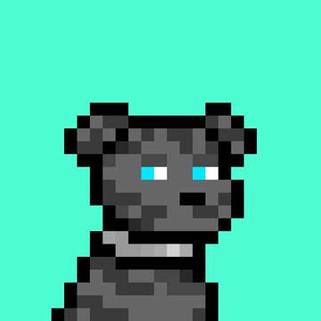 A pixel art portrait of a dark gray bear or panda character with bright blue eyes against a teal background.
