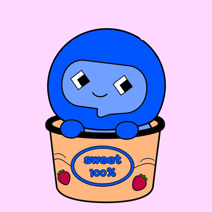 A cute cartoon mascot of a blue, round speech-bubble-like character sitting inside a peach-colored tub labeled 'sweet 100%' with strawberry decorations.