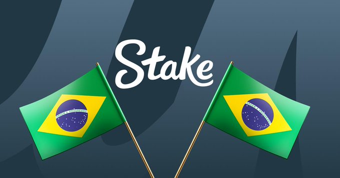 A graphic featuring the 'Stake' logo with two Brazilian flags on a dark teal background.