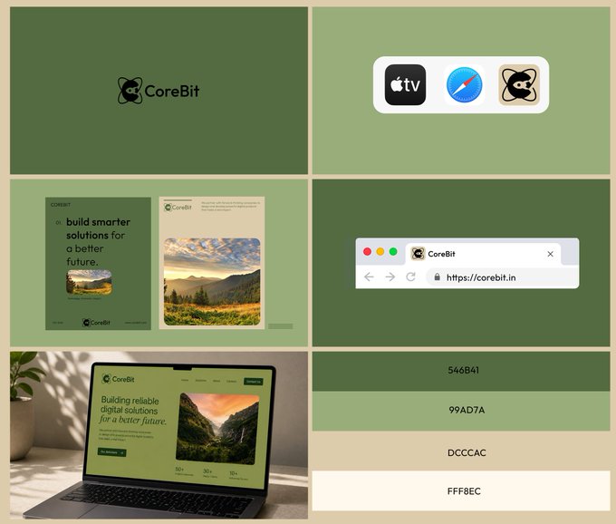 The image shows various UI elements representing the visual identity of the company CoreBit. The key text and numbers visible in the image include the company logo with the name "CoreBit," the website URL "http://corebit.in," and color codes such as "546B41," "99AD7A," "DCCCAC," and "FFF8EC," which are likely the hexadecimal color codes used for their brand. These elements are part of a visual identity project intended to establish a consistent and recognizable brand image across various digital platforms, as indicated by the accompanying post.