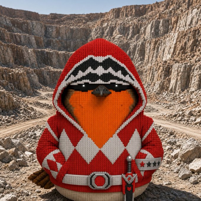 A knitted plush bird figure dressed as a Power Ranger in red and white with sunglasses and a toy sword, posed against a rocky quarry background.