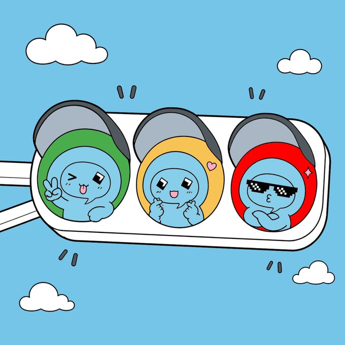 A cartoon illustration featuring three cute characters in green, yellow, and red traffic lights, with the left character making a peace sign, the middle one with hearts, and the right one wearing pixelated sunglasses.