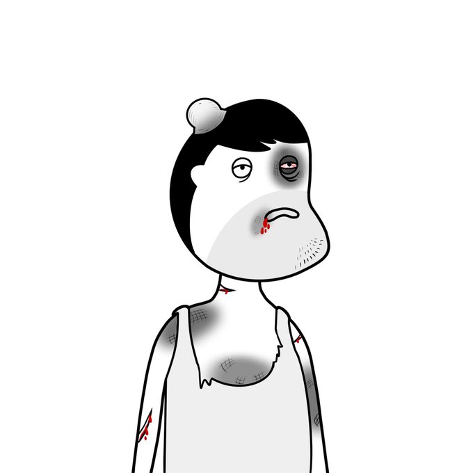A black-and-white cartoon illustration of a man with a black eye, blood dripping from his nose, bruises on his chest, and cuts on his arms.