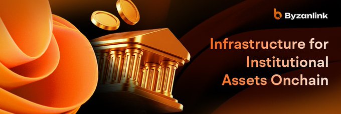 Byzantink promotional banner with a glowing golden building and columns reading 'Infrastructure for Institutional Assets Onchain'.