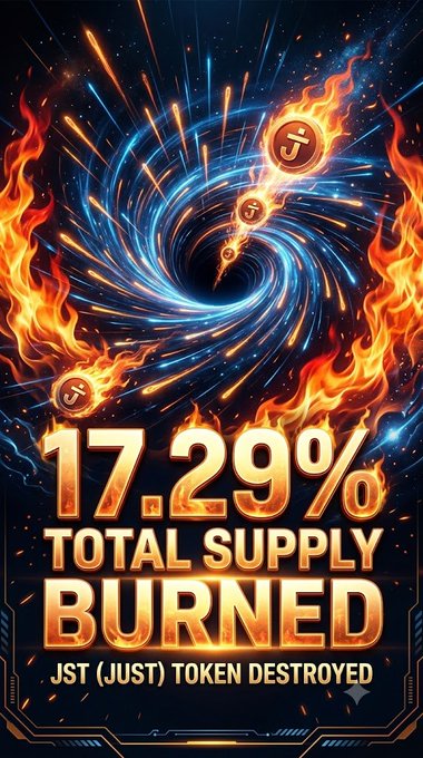 Dramatic fire-themed crypto promotional graphic announcing '17.29% TOTAL SUPPLY BURNED' for 'JST (JUST) TOKEN DESTROYED' with flames and coins swirling in a vortex.
