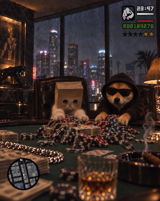 Two pets—one a cat with a paper bag over its head and the other a Shiba Inu wearing a hoodie and sunglasses—sit at a green poker table overflowing with stacked chips, cash, and whiskey, in a scene styled after Grand Theft Auto with a "$001891270" score, 3/5 stars, and "23:47" timer, playing on the "stonk" meme economy referenced in the caption.