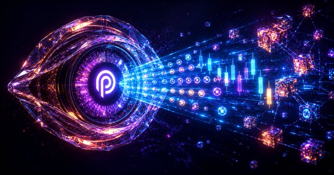 A futuristic digital artwork featuring a glowing eye-like structure with a central logo emitting streams of financial candlestick charts, cryptocurrency symbols, and data cubes into a dark cyberpunk background.