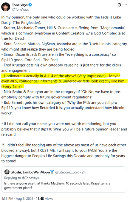 A Twitter/X post by @ToneVays discussing cryptocurrency commentators with a highlighted section reading 'Hodlonaut is actually in ALL 4 of the above! (Very Impressive) - Maybe even all 5.'