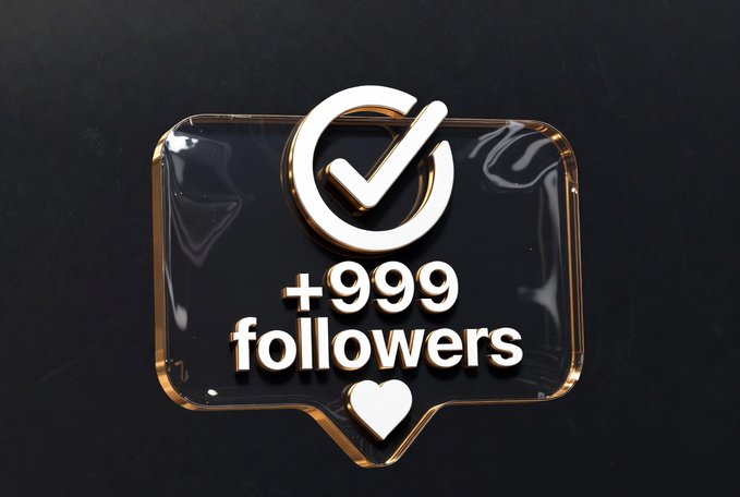 A 3D-rendered black notification badge with gold trim displaying a checkmark and '+999 followers' with a heart icon.