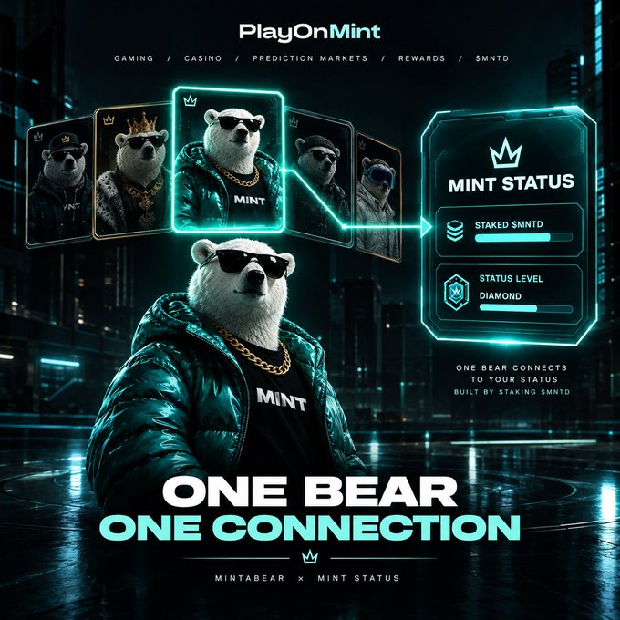 Promotional graphic for 'PlayOnMint' featuring a polar bear character wearing sunglasses and a jacket with 'MINT' written on it, alongside the tagline 'ONE BEAR ONE CONNECTION' and a Mint Status dashboard showing Diamond level.
