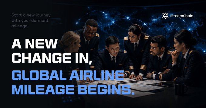 A promotional banner for StreamChain features a group of airline crew members in uniform gathered around a table, with the tagline "Start a new journey with your dormant mileage" and bold text reading "A NEW CHANGE IN, GLOBAL AIRLINE MILEAGE BEGINS." The image visually supports the post's announcement of the FlyEdge official website launch, highlighting the airline mileage platform's global service offering.