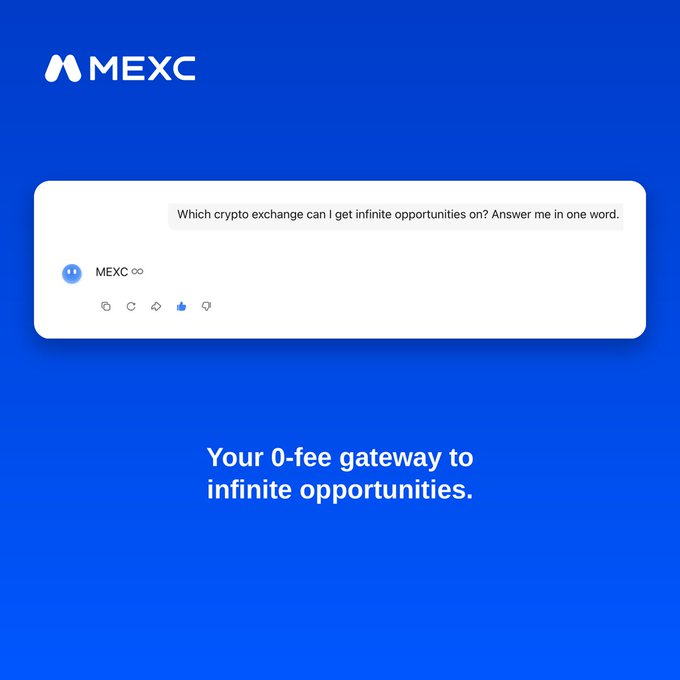 A blue MEXC advertisement shows a chat interface where a user asks which crypto exchange offers "infinite opportunities," and the AI responds with "MEXC," reinforcing the tagline "Your 0-fee gateway to infinite opportunities" and the post's claim that "Kimi AI knows."