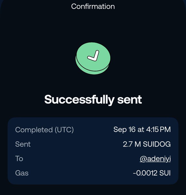 Transaction confirmation screen showing 'Successfully sent' 2.7 M SUIDOG to @adeniyi on Sep 16 at 4:15 PM, with gas fee of ~0.00012 SUI.