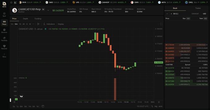 A cryptocurrency trading interface shows the CASHCAT-USD perpetual chart at $0.162600, with a candlestick price chart, order book, and trade history on a dark-themed screen.