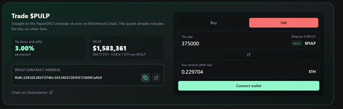 A cryptocurrency trading interface displays options to trade $PULP with Buy and Sell buttons, a market cap of $1,583,361, and a 3.00% tax.
