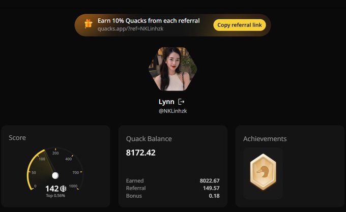 A Quacks referral dashboard for user 'Lynn (@NKLinhzk)' showing a Quack Balance of 8172.42, a score of 142, and a referral link offering 10% Quacks.