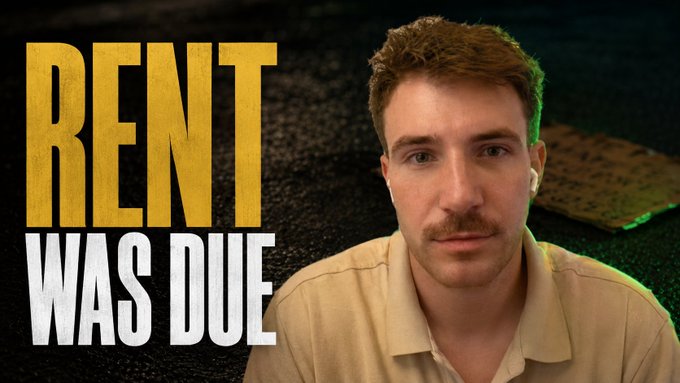 A young man in a tan shirt sits beside bold yellow and white text reading "RENT WAS DUE" against a dark background. The image humorously suggests a 2026 market downturn where tenants find themselves unable to afford rent, with the colorized subject looking somber about impending financial struggles.