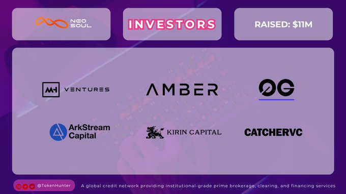 A promotional graphic for Neo Soul showing investors who raised $11M, including M Ventures, Amber, OIG, ArkStream Capital, Kirin Capital, and CatcherVC, with a Tagline describing it as a global credit network for institutional prime brokerage services.