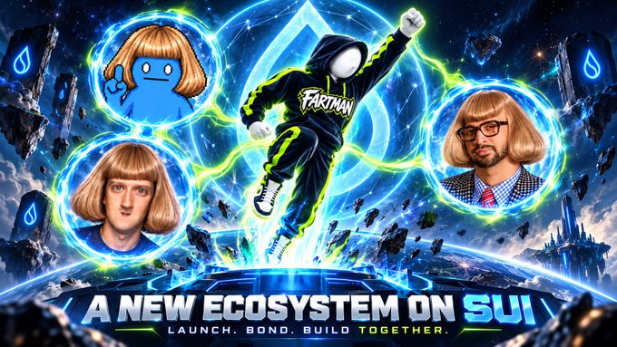 A vibrant promotional banner for a cryptocurrency project titled 'A NEW ECOSYSTEM ON SUI' featuring 'FARTMAN,' a hooded mascot character surrounded by floating bubbles containing cartoon faces.