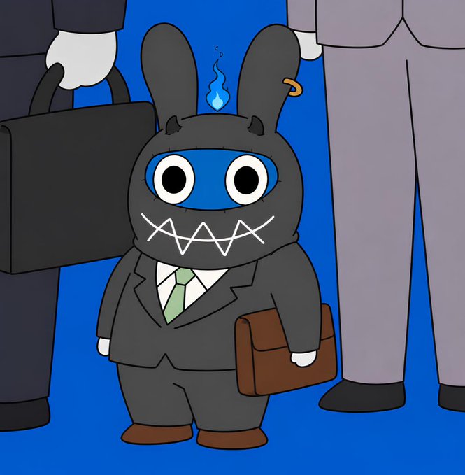 The image features a cartoon rabbit dressed as a businessman with a suit and tie, holding a briefcase. The rabbit's face has a big smile and horns, giving it a unique and whimsical appearance. The background of the image is blue, which complements the rabbit's outfit and adds to the overall visual appeal of the scene. The caption below the image reads "Let'S make some moni, ninjas! $XIII | $INJ".