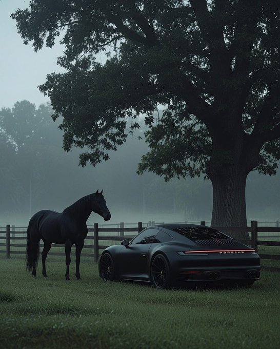 A black horse stands next to a black Porsche sports car on a grassy field near a large tree in a misty, atmospheric setting.