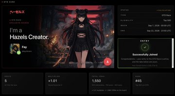 A dark-themed user profile page displaying the username 'I'm a Hazels Creator' alongside an anime-style female avatar, showing stats like 1.01 SOL and 1,550 followers, with a 'Successfully joined' confirmation popup.