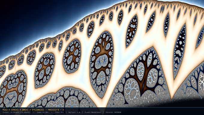 A complex digital fractal artwork showing intricate, leaf-like patterns in white and blue with the text 'f(z) = (m*(z) + Im(z)) - (r*((Im(z)) - re*(z)))^2 - c' visible at the bottom.