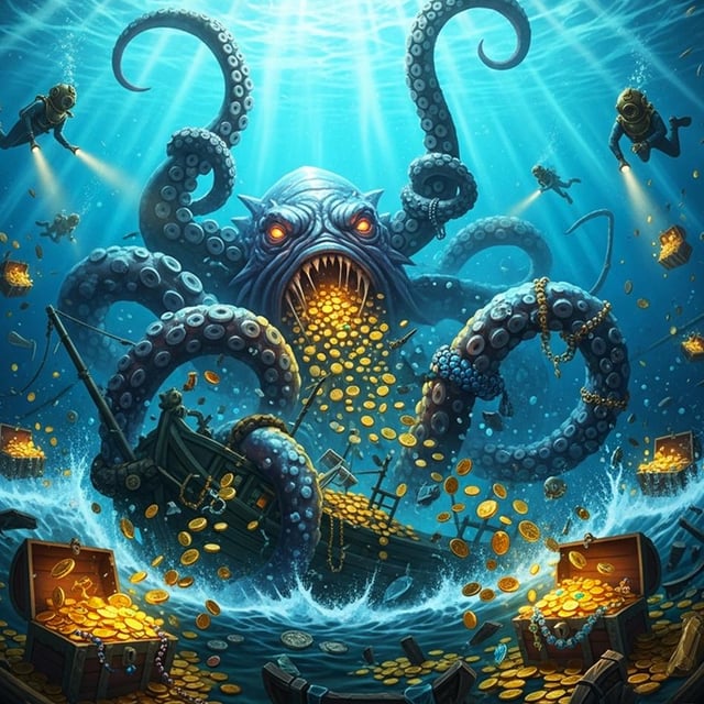 The image features a large, blue octopus with its mouth open wide, surrounded by gold coins scattered throughout the scene. The ocean surrounding the octopus has waves crashing around it, creating an immersive underwater environment. In the background, there are two people swimming in the water and another person diving into the ocean. The post suggests that this image is related to a game or a treasure hunt, possibly involving the mythical Kraken.