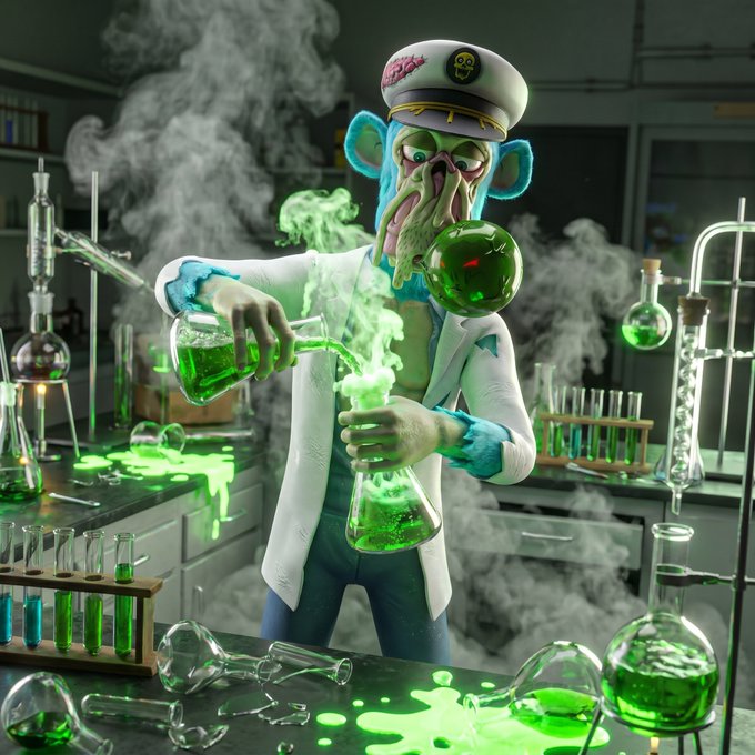 A cartoon-style monkey scientist wearing a sailor hat and lab coat pours glowing green liquid between beakers in a smoky chemistry lab.