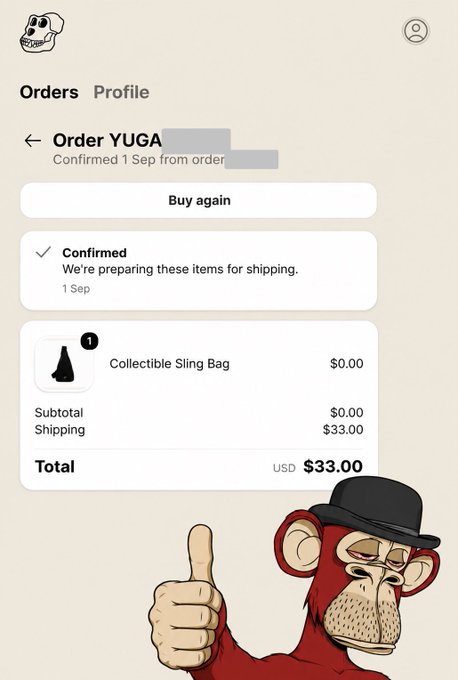 A mobile order confirmation screen showing an order labeled "YUGA" with status "Confirmed" for a "Collectible Sling Bag" with a total of $33.00 USD, featuring a Bored Ape-style cartoon character giving a thumbs up.