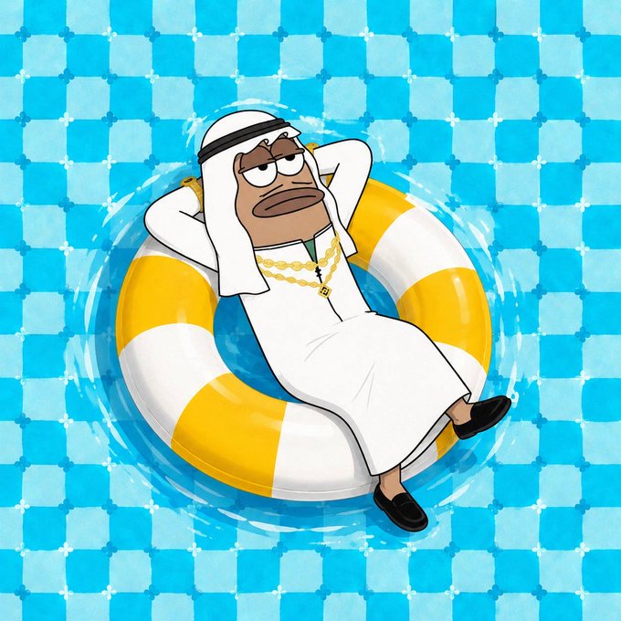 A cartoon frog character dressed in traditional Arab attire (thobe and keffiyeh) lounges relaxedly on a yellow and white life preserver floating in a pool. The image humorously reinforces the post's reference to "Mubarak"—a name associated with the Middle East—by depicting the frog in Gulf-style clothing while cryptically shilling "$VENUSCOIN."