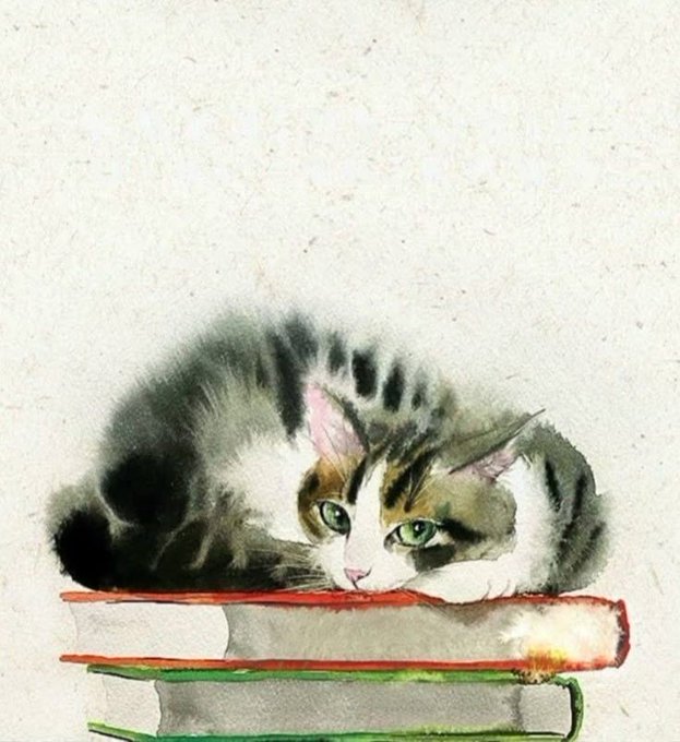 A watercolor painting of a tabby cat with green eyes resting on a stack of books with red and green spines.