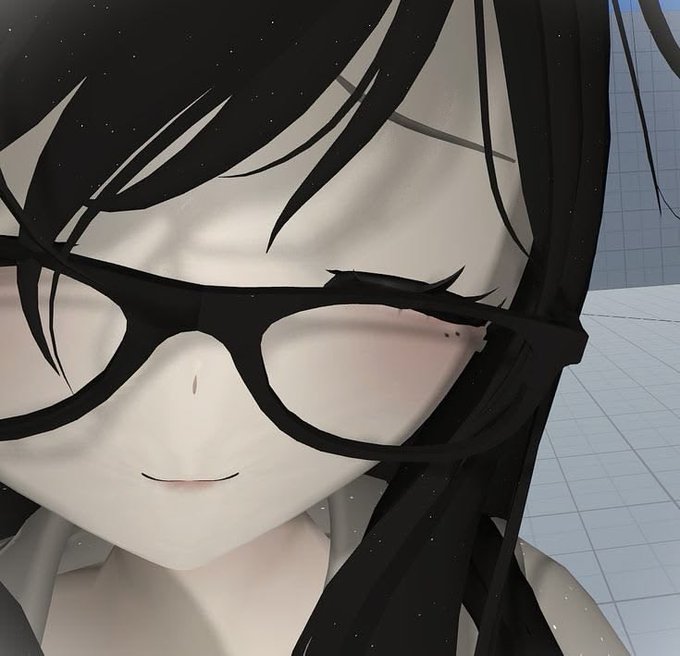 Close-up 3D render of an anime-style character with long black hair, black cat-eye glasses, a small smile, and a beauty mark under one eye.