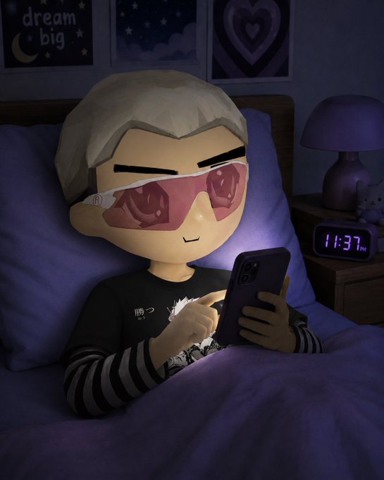 A 3D-rendered cartoon character with white hair and pink sunglasses lying in bed at 11:37 PM, looking at a smartphone with a 'dream big' poster on the wall behind.