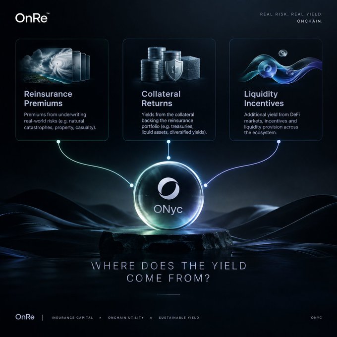 A dark-themed infographic titled 'OnRe' explains 'WHERE DOES THE YIELD COME FROM?' with three sources: 'Reinsurance Premiums' (e.g. natural catastrophes, property, casualty), 'Collateral Returns' (e.g. treasuries, liquid assets), and 'Liquidity Incentives' from DeFi markets, all flowing into an 'ONyc' token.