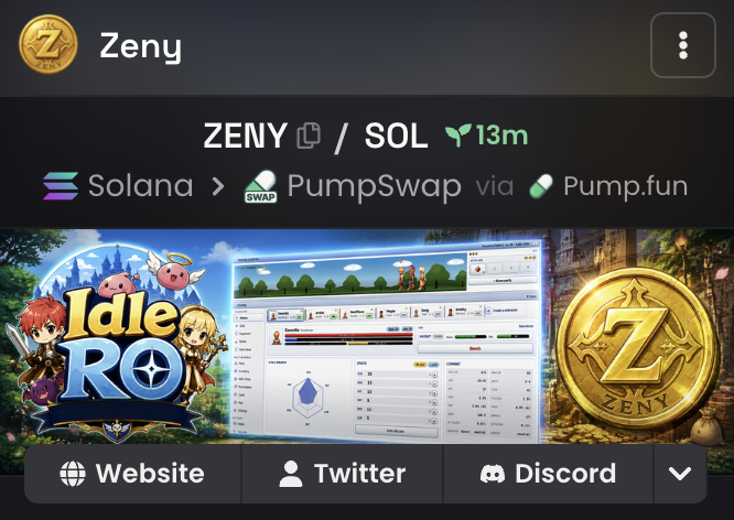 A cryptocurrency page showing 'Zeny' (ZENY) trading against SOL on PumpSwap via Pump.fun, with an 'Idle RO' game banner and social links for Website, Twitter, and Discord.
