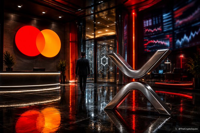 The image shows a sleek, high-tech Mastercard office lobby featuring the iconic red and yellow Mastercard logo on the wall, with a suited figure walking past a large metallic XRP (X-shaped) sculpture and digital displays showing financial charts in the background. This visually symbolizes Mastercard's growing involvement in digital assets and the speculative potential for XRP adoption, tying directly to the post's announcement about their new director role focused on crypto payments.