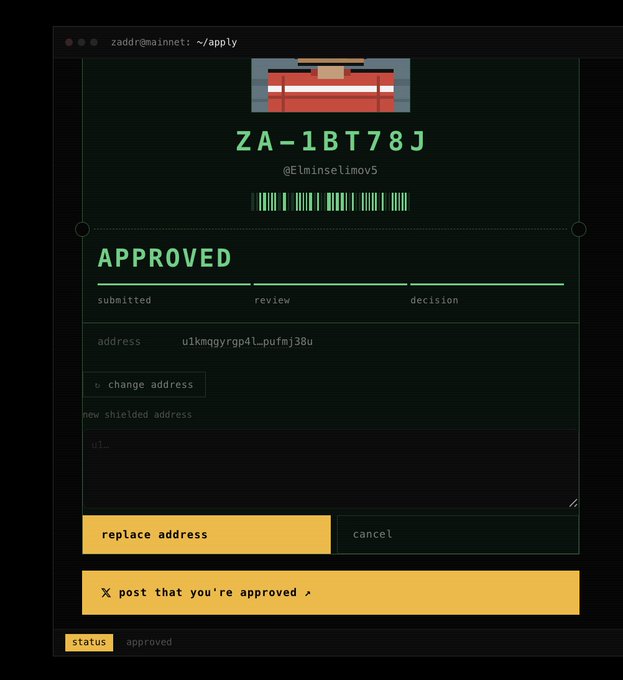 A terminal-style interface for Zaddr mainnet displays an approved status with ID "ZA-1BT78J" for @elminelimov5, showing the submitted review-decision workflow with an address field (u1kmqgyrgp4l_pufmj38u) and options to "replace address" or "cancel," illustrating the post's instruction that whitelist holders can update their wallet to a Noir U1 address before finalization.