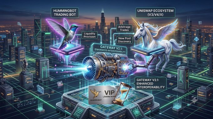 A futuristic crypto-themed graphic showing the Uniswap Ecosystem (V3/V4/X) with a Hummingbot Trading Bot hummingbird, a Pegasus for arbitrage trades, and a Gateway V2 engine for enhanced interoperability, all connected to Liquidity Provision, New Pool Discovery, and a VIP Hummingbot Legible Access card.