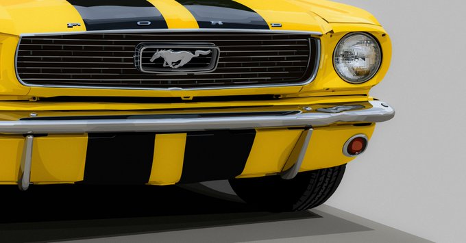 The front end of a yellow Ford Mustang with black racing stripes, chrome bumper, and the iconic running horse emblem on the grille.