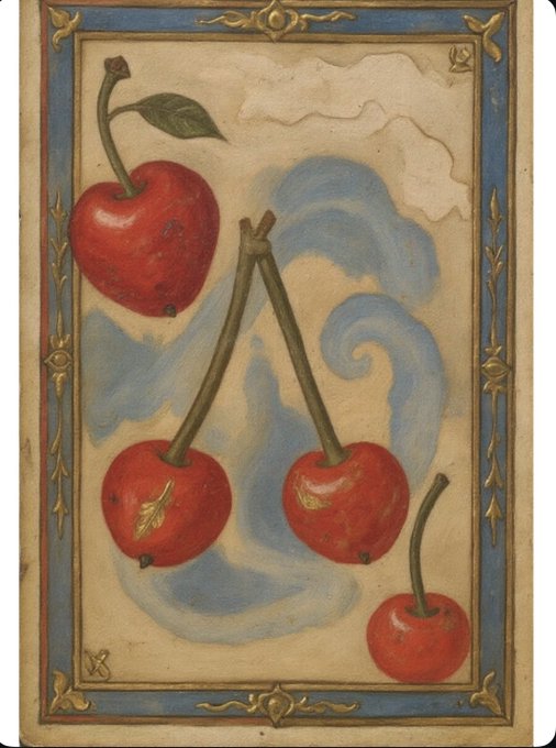 A vintage-style painting featuring four red cherries with green stems and leaves, arranged against a blue sky with white clouds, framed by an ornate gold and blue border.