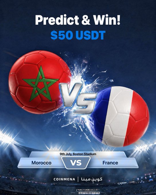 A sports betting promotion for 'Predict & Win $50 USDT' featuring a Morocco vs France match on 9th July at Boston Stadium, branded with 'COINMENA' in both English and Arabic.